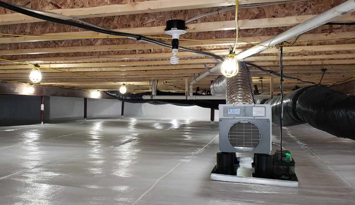 Dehumidifier installed in an encapsulated crawl space